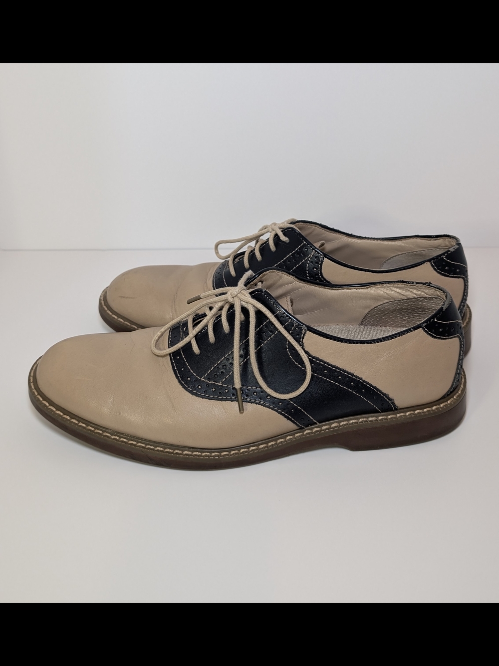 GH Bass & Co. Men's Oxford Two Tone Beige Navy Leather Lace-Up Shoes Size 10